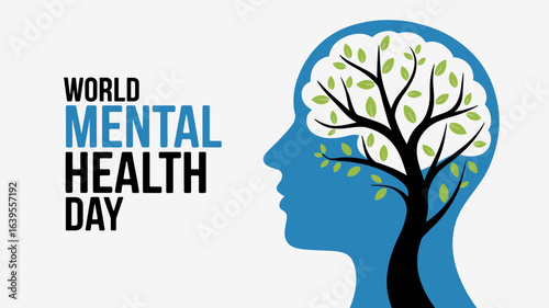 World Mental Health Day awareness graphic with profile silhouette containing a growing tree symbolizing growth and inner well-being