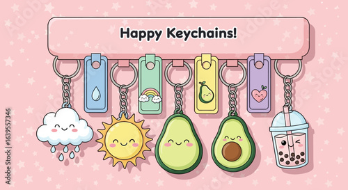 Kawaii Cute Keychains with Happy Avocado and Boba Tea
