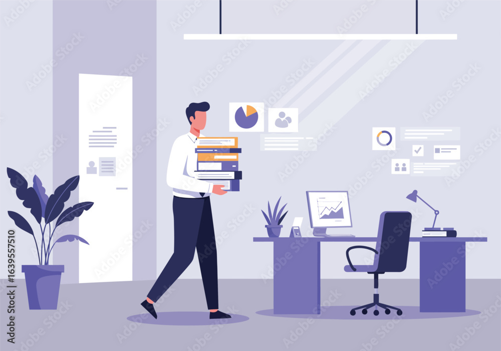 Obraz premium A dedicated business builder managing corporate workflow, carrying a stack of binders with data reports in a modern office environment