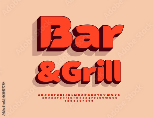 Vector Marketing signboard Bar and Grill. Unique Red 3D Font. Trendy Alphabet Letters and Numbers set.