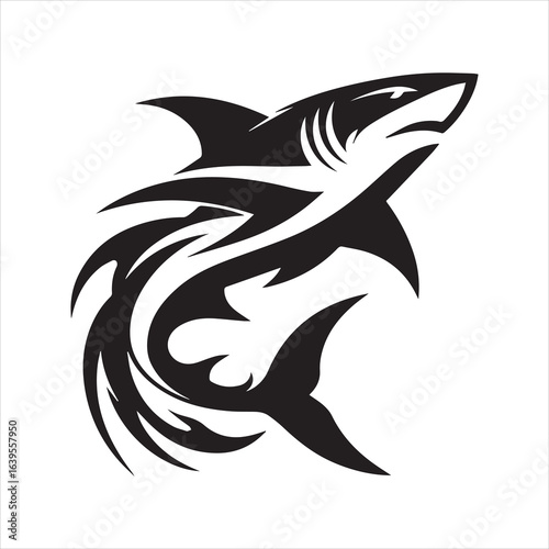 Dynamic Black Shark Silhouette with TribalInspired Artistic Design.