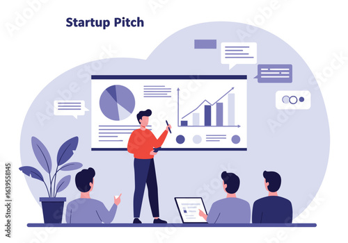 Businessman presenting startup pitch with graphs and charts to colleagues.