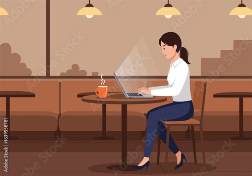 Professional career builder focused on her laptop in a modern cafe, a businesswoman illustration showing a remote work lifestyle builder.