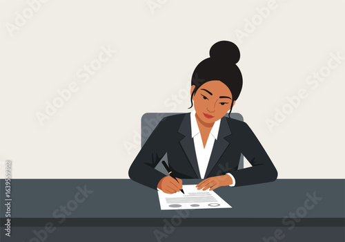 Professional businessman, a dedicated career builder, signs a crucial contract at his office desk. Illustration of a male executive finalizing an important agreement.