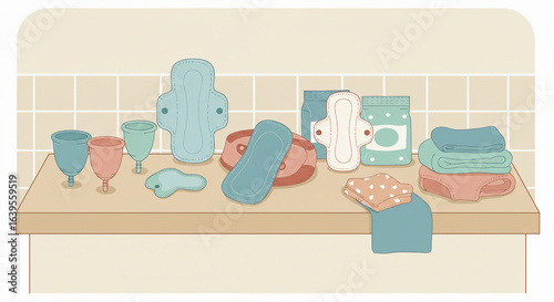 Eco-Friendly Feminine Hygiene Products on Bathroom Countertop Reusable Pads and Menstrual Cups.