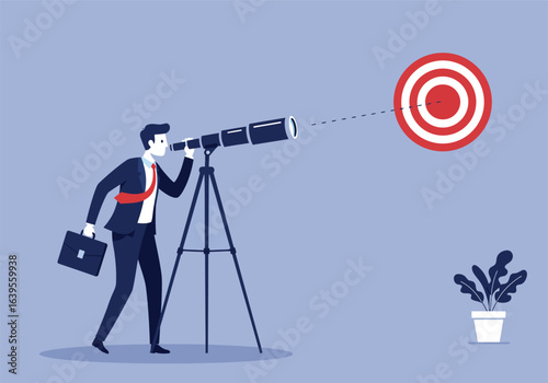 Visionary business builder with a telescope focusing on a long-term goal target for strategic growth and achievement