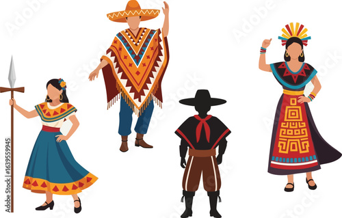 Colorful illustration of four individuals in traditional Mexican attire, showcasing diverse regional clothing styles and accessories.