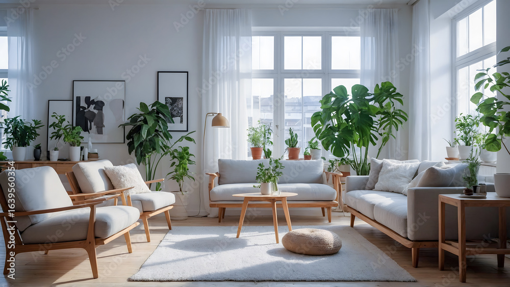 Obraz premium Scandinavian Living Room with Natural Light and Indoor Plants