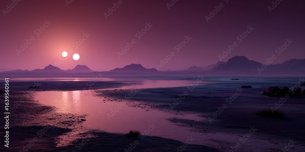 Fototapeta premium Purple-sand world under a surreal tri-sun atmosphere