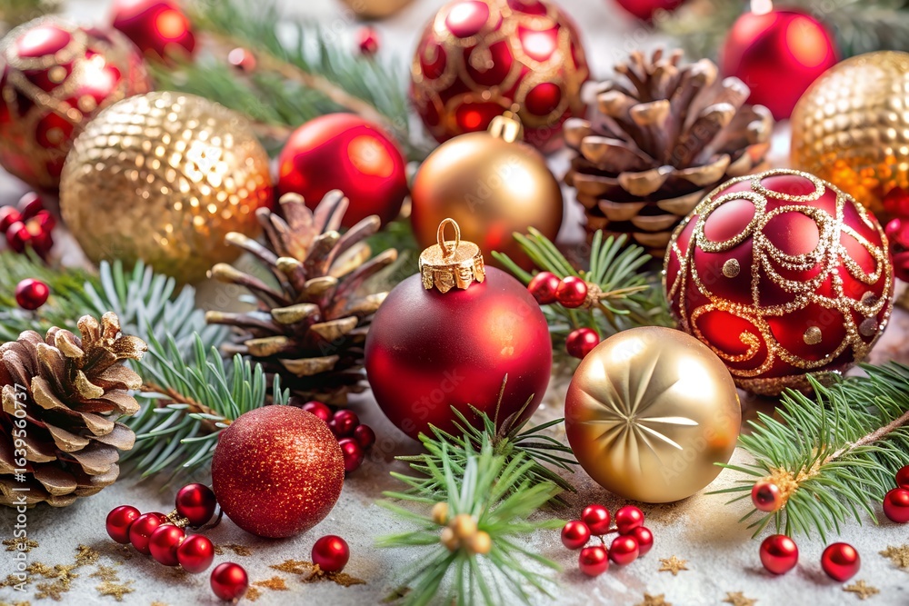 Fototapeta premium Festive christmas arrangement with red and golden ornaments, pine cones and fir branches creating a bright and elegant holiday season decoration