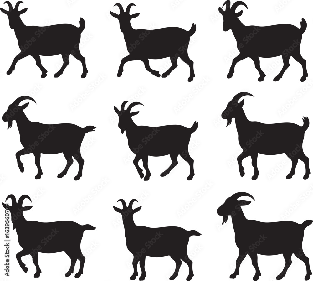 Fototapeta premium Nine Black Silhouette Goats in Various Poses on White Background animal farm