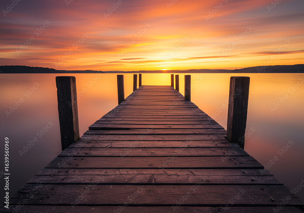 Fototapeta premium Lakeshore with wooden dock at beautiful sunrise over calm water