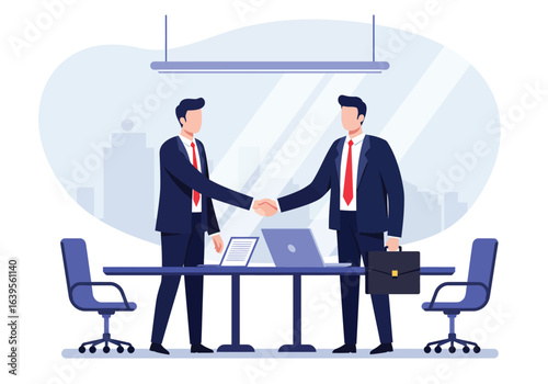 Two successful businessmen shaking hands, a partnership builder making a deal in a modern office with a city view illustration.
