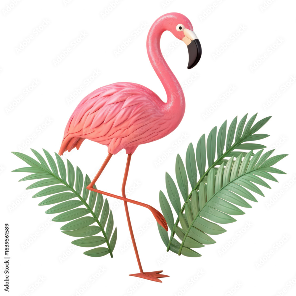 Fototapeta premium Pink flamingo standing among green tropical leaves isolated on transparent background