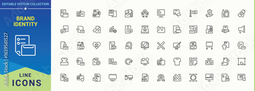 Brand Identity line icon set. Identity line icon set. UI icons set in a thin style. Related to marketing, brand, social, strategy, branding and more. Pictogram and infographic.