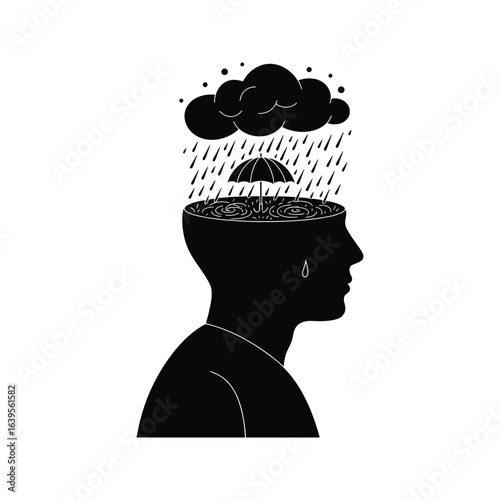 Mental health inner storm rain umbrella silhouette depression anxiety coping resilience protection head mind emotions feelings illustration vector graphic