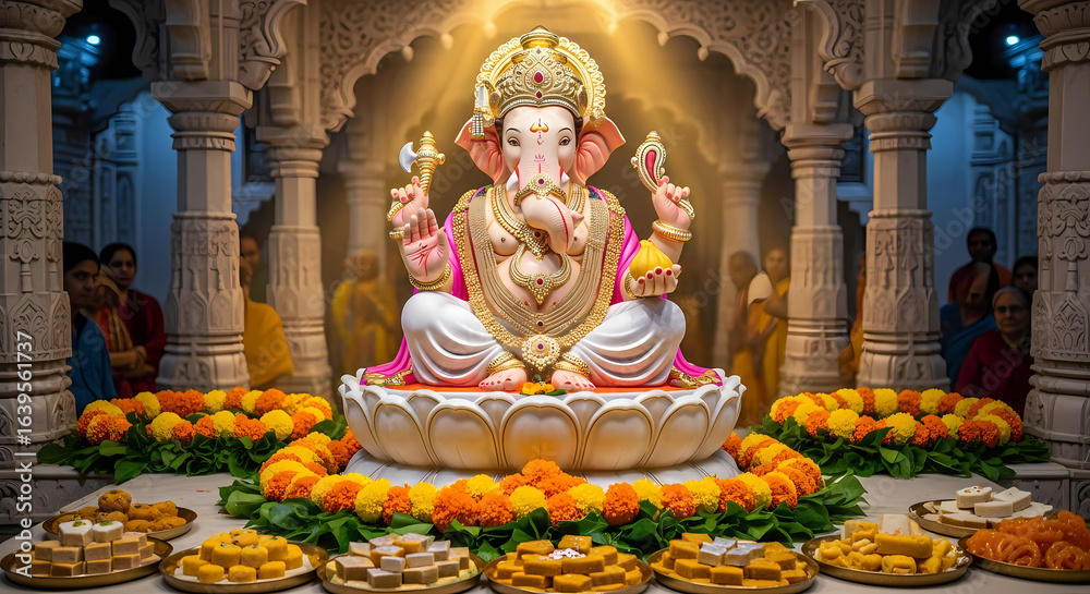 Fototapeta premium Lord Ganesha on Lotus with Marigold Offerings – Blessings and Prosperity