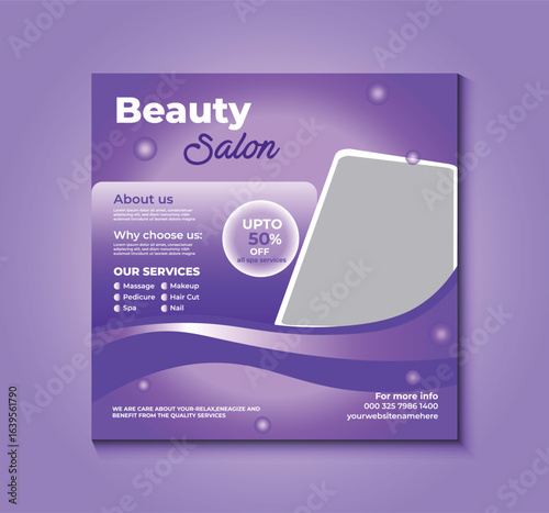 Elegant and modern social media post template for beauty salons. Perfect for promoting services, offers, and events with a stylish design, this template is fully editable for Instagram and Facebook.