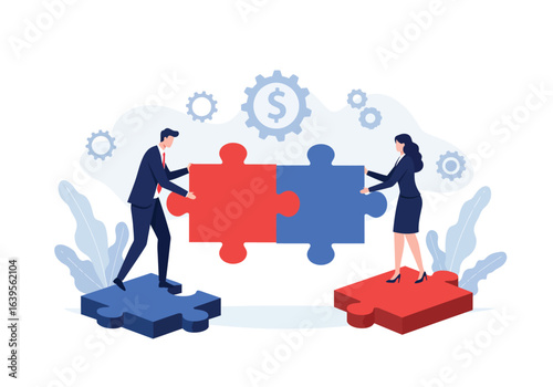 Business professionals connect puzzle pieces, symbolizing teamwork, partnership, and strategic alliance.