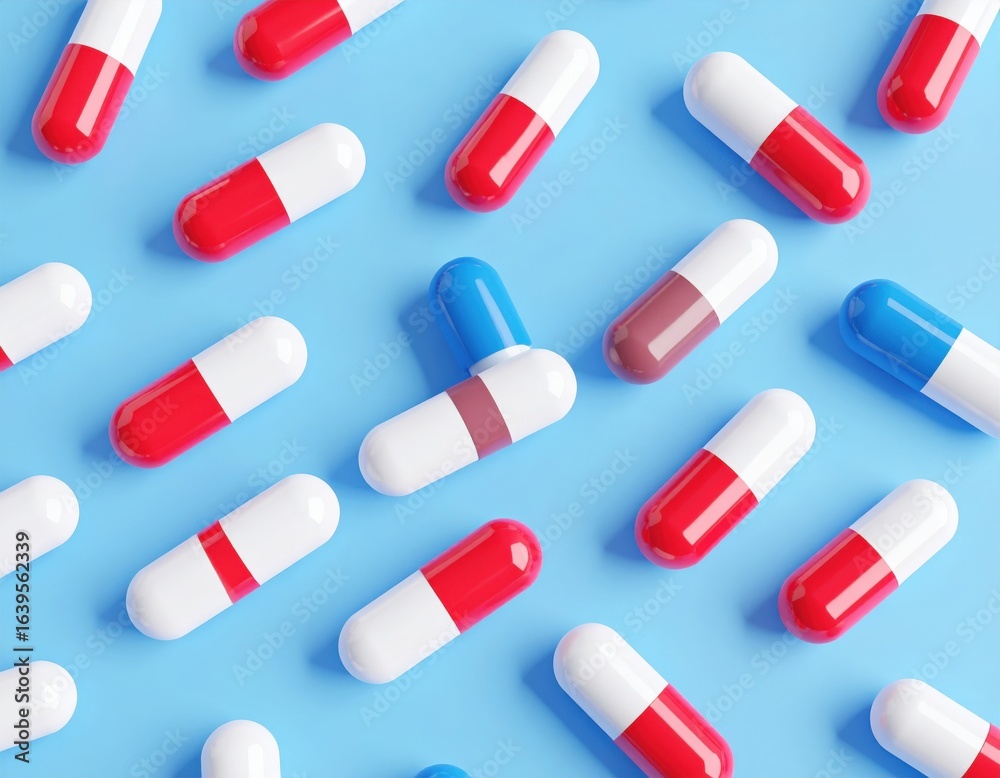 Colorful Medical Capsules On Light Blue Background Colorful Medical Capsules On Light Blue Background