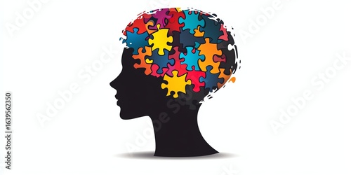 Wallpaper Mural Crisp and clear minimalist flat design of a black human head silhouette featuring a colorful puzzle piece pattern on the head Torontodigital.ca
