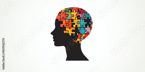 Wallpaper Mural Crisp and clear minimalist flat design of a black human head silhouette featuring a colorful puzzle piece pattern on the head Torontodigital.ca