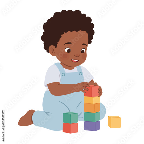 A young child happily plays with colorful building blocks, stacking them carefully.