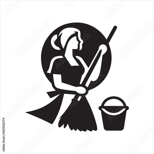 Silhouette of a Cleaning Lady with Mop and Bucket in a Circle.