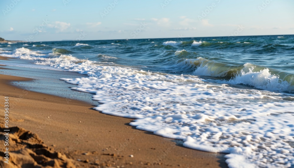 Obraz premium Waves crashing on sandy beach at sunset coastal landscape photography natural serenity outdoor viewpoint