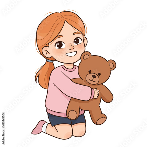 A happy young girl kneels, lovingly embracing her cherished brown teddy bear.
