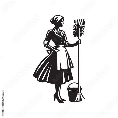 Silhouette of a vintage maid with cleaning tools ready to work.