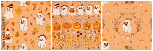 Set of three orange seamless Halloween patterns. Festive autumn wallpaper. Funny ghosts, sweets, bats folk illustration. Cartoon children's style.