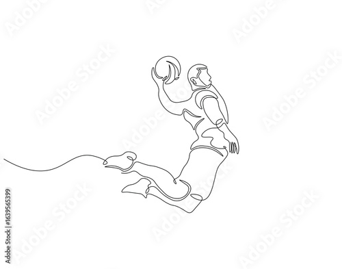 Basketball dunk continuous line. Continuous one line drawing of basketball player jumps high to score with slam dunk. Basketball man action concept. Single line drawing