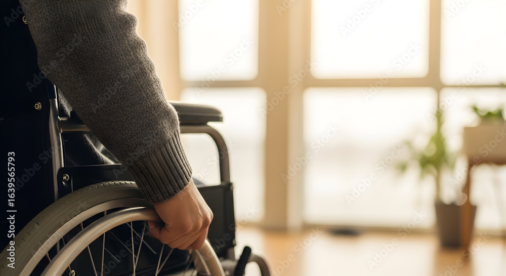 Obraz premium Person in wheelchair looking out window hope life ability challenge wheelchair user disability support inclusion independence freedom mobility access assistance care home elderly senior