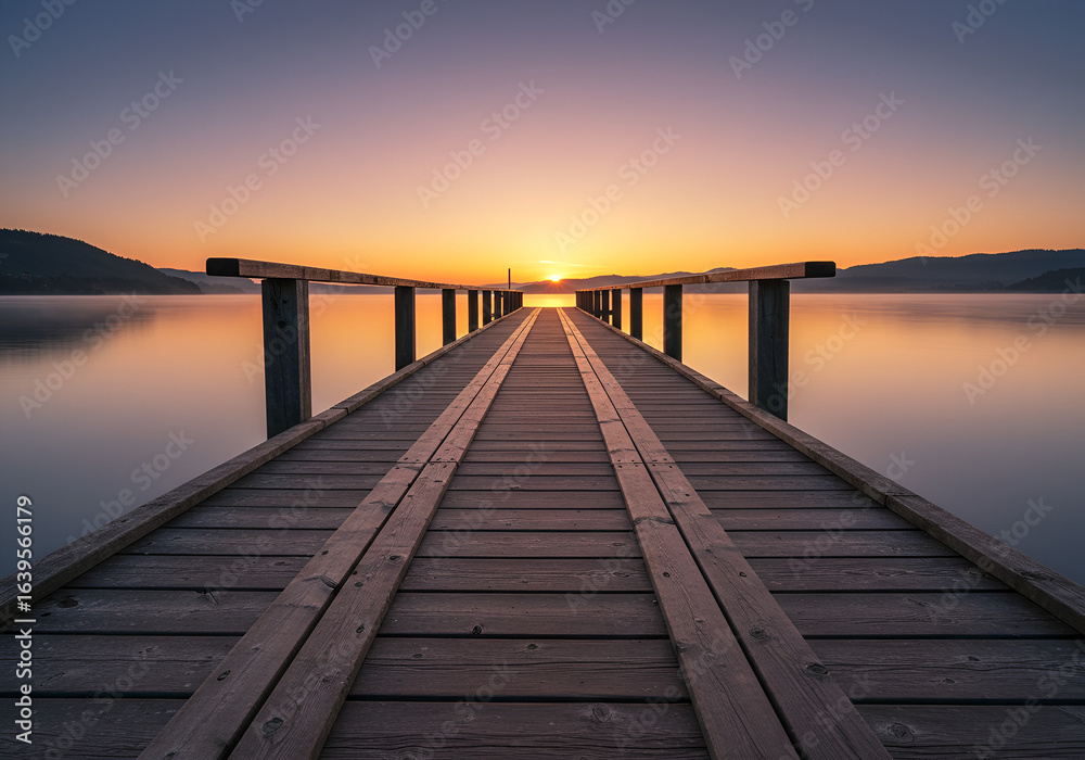 Obraz premium Pier Extending Into Lake at Sunrise with Calm Waters