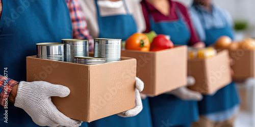 Volunteers holding donation boxes with food for charity, delivering essentials to needy families