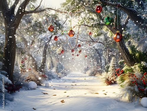 Winter forest with hanging red ornaments and snow trail