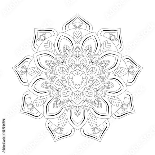 
Flower Mandala Coloring Page - Intricate Flower Mandala Design for Adult Coloring - Detailed Flower Mandala Pattern with Geometric Petals and Ornate Elements