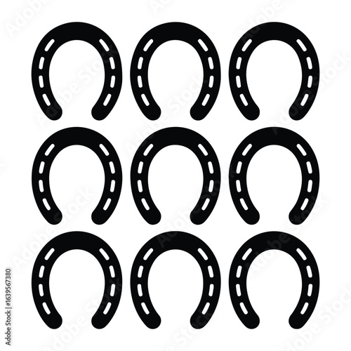 Nine black horseshoes with white nail holes equestrian