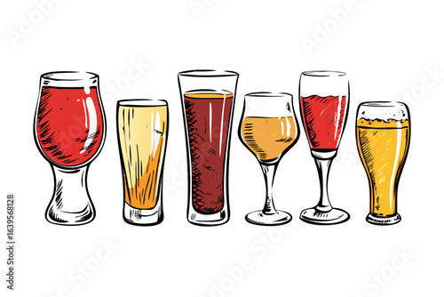 Collection of colorful hand drawn beverage glasses with different drinks
