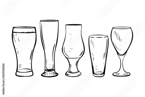 Collection of five different beer glasses outlined on a black background