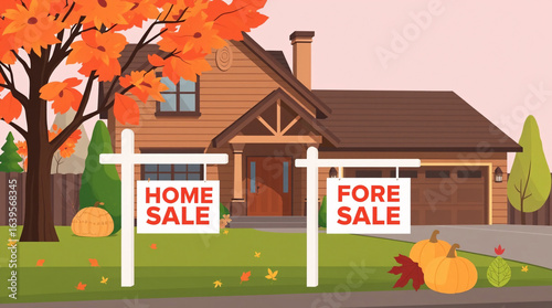Real estate, home sale, foreclosure, house, suburban, autumn, fall, property, for sale, residential, family home, lawn, yard, trees, orange leaves, pumpkins, signage, real estate signs, garage, drivew
