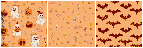 A collection of three festive Halloween patterns in a cute cartoon style and autumnal orange color palette. Pumpkins, ghosts, and sweets.
