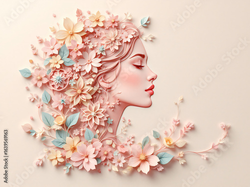 A woman’s profile adorned with delicate pastel flowers in a serene, artistic composition.