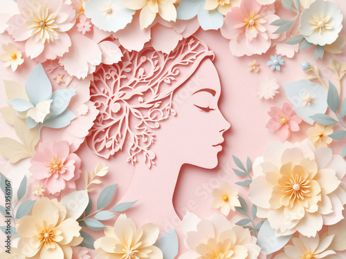 A woman’s profile adorned with delicate pastel flowers in a serene, artistic composition.