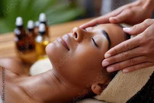 Beautician massaging face of relaxed woman in spa center