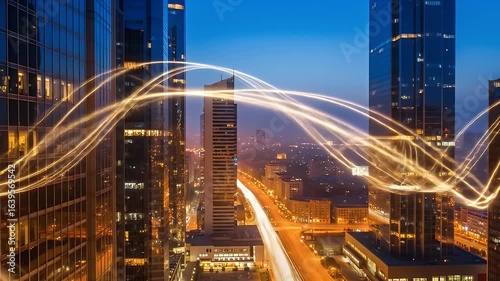 Abstract light trails weaving through a modern city skyline at dusk