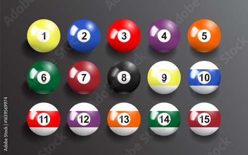 Set of billiard balls numbered 1 to 15 with classic colors and patterns, arranged neatly on a dark gray background.