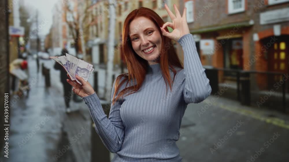 Woman with red hair holding swedish banknotes and making an ok gesture on a city street, exemplifying wealth and confidence in an urban outdoor setting.