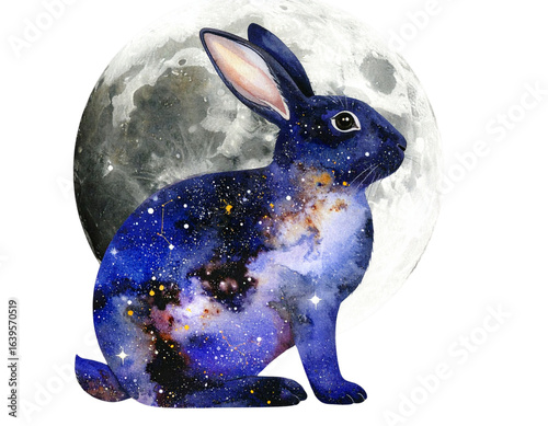 Celestial Rabbit Sitting Under Crescent Moon with Starry Galaxy Fur, PNG Transparent